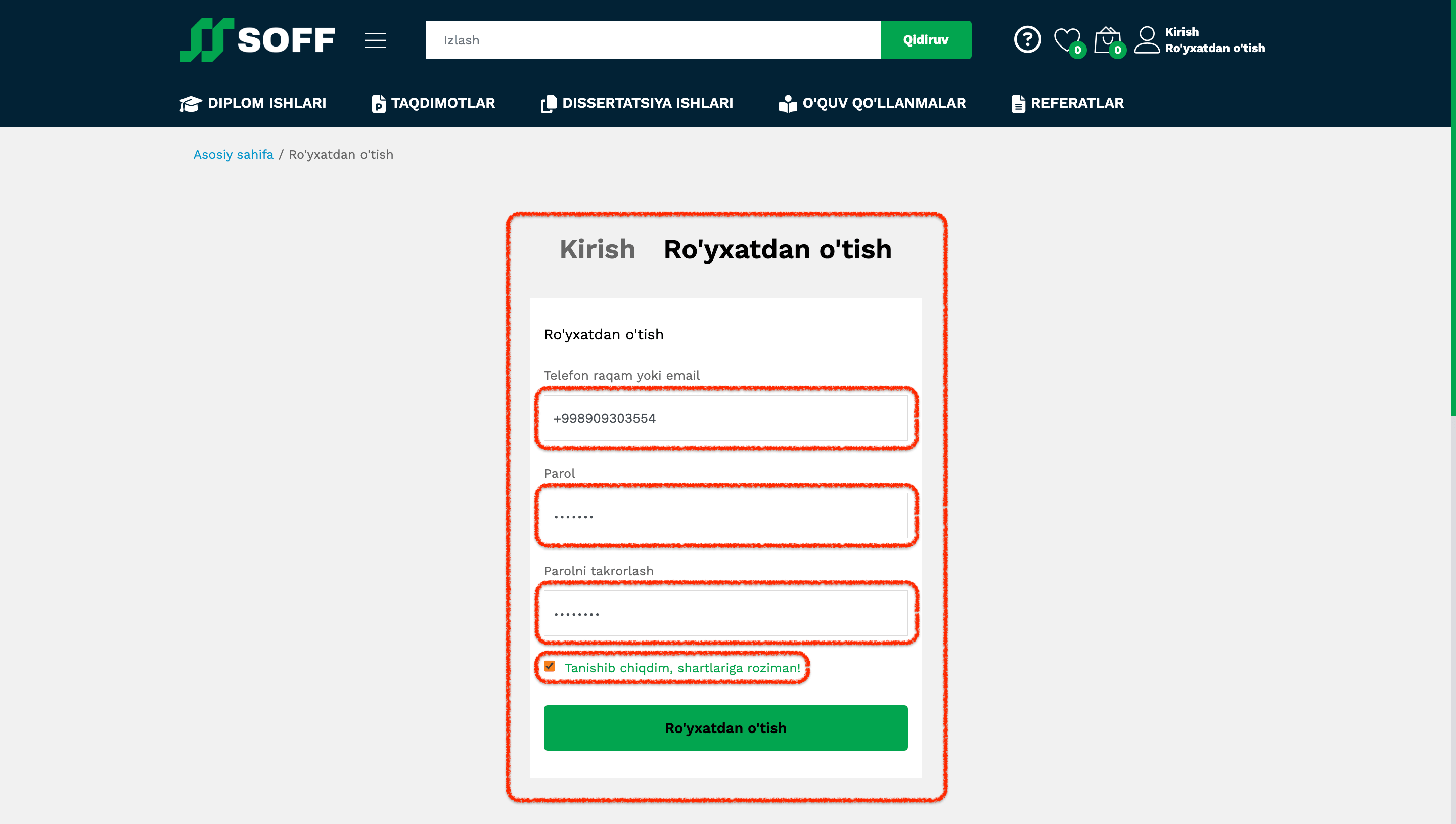 soff marketdan ro'yxatdan o'tish oynasi